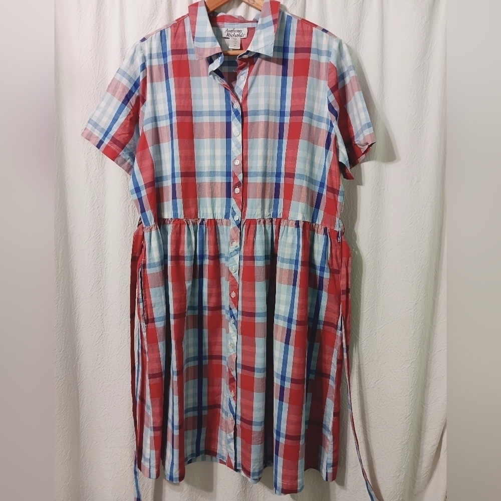Anthony Richards Red and Blue Plaid Midi Shirt Dress